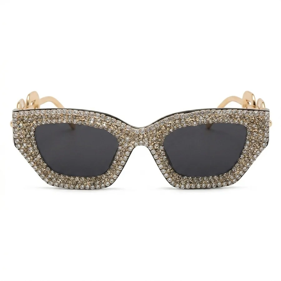 Gold-Plated Cat Eye Rhinestone Sunglasses — Front view